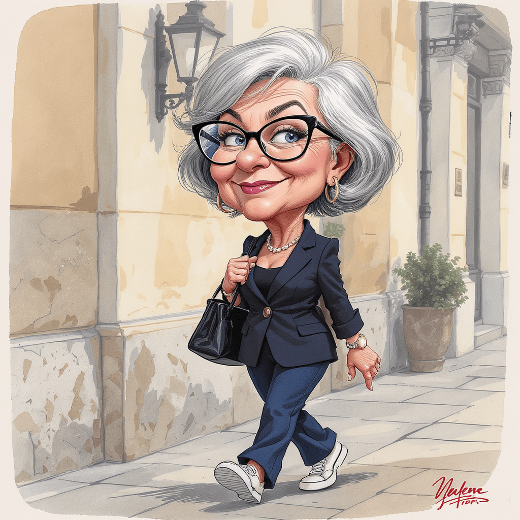 AI generated: Funny caricature, modern female character caricature, mature woman, 58 years old, short hair, stylis...