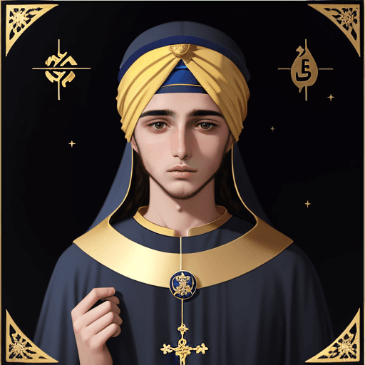 AI generated: Deep midnight blue and gold orthodox icon of a young male Virgin Mary. He is wearing a turban and is...