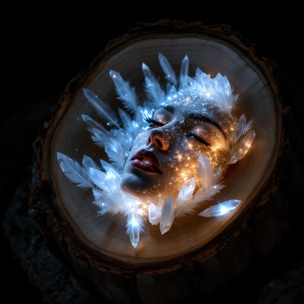 AI generated: an wooden slice made out of glowing crystals with a person's face illuminated, in the style of surre...