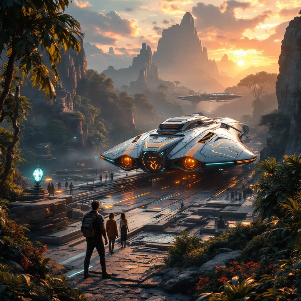 AI generated: futuristic epic adventue, tartaria building in the background , thick, beautiful lush jungle during ...