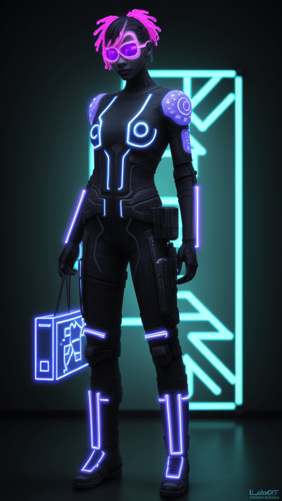 AI generated: blacklightfractalneonholofluid cyberpunk character