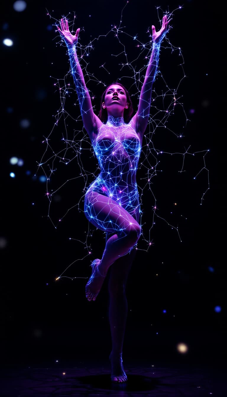 AI generated: A poised, 20 year old woman, rises onto the tips of her toes, her hands reaching up as if grasping f...