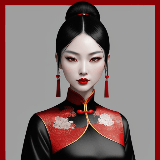 AI generated: Chinese ink style portrait of Chinese photographer Zhang Jingna, wearing a black dress and red lipst...