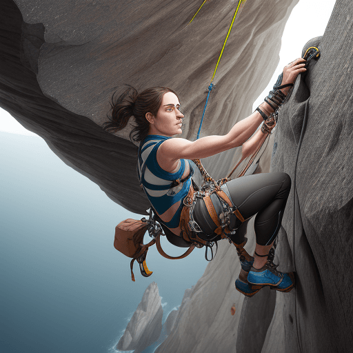 AI generated: Craft a hyper-realistic image of a woman rock climbing, captured from a top-down perspective that ac...