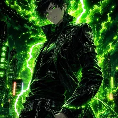 AI generated video: Anime image a boy looking attitude is Aura glowing in green colour