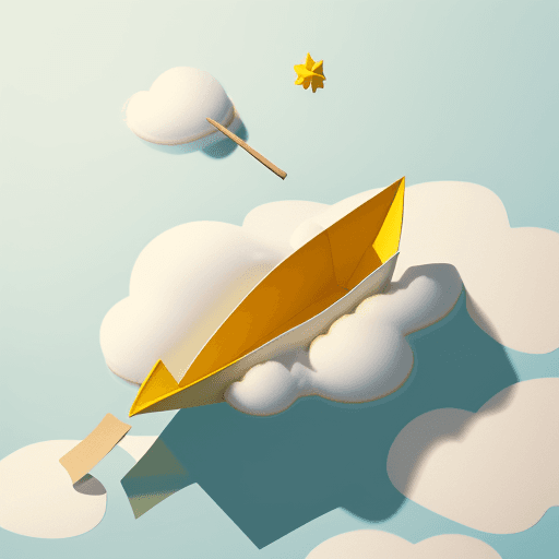 AI generated: a yellow paper boat floating on a white cloud with a stick on top of it with a little star

