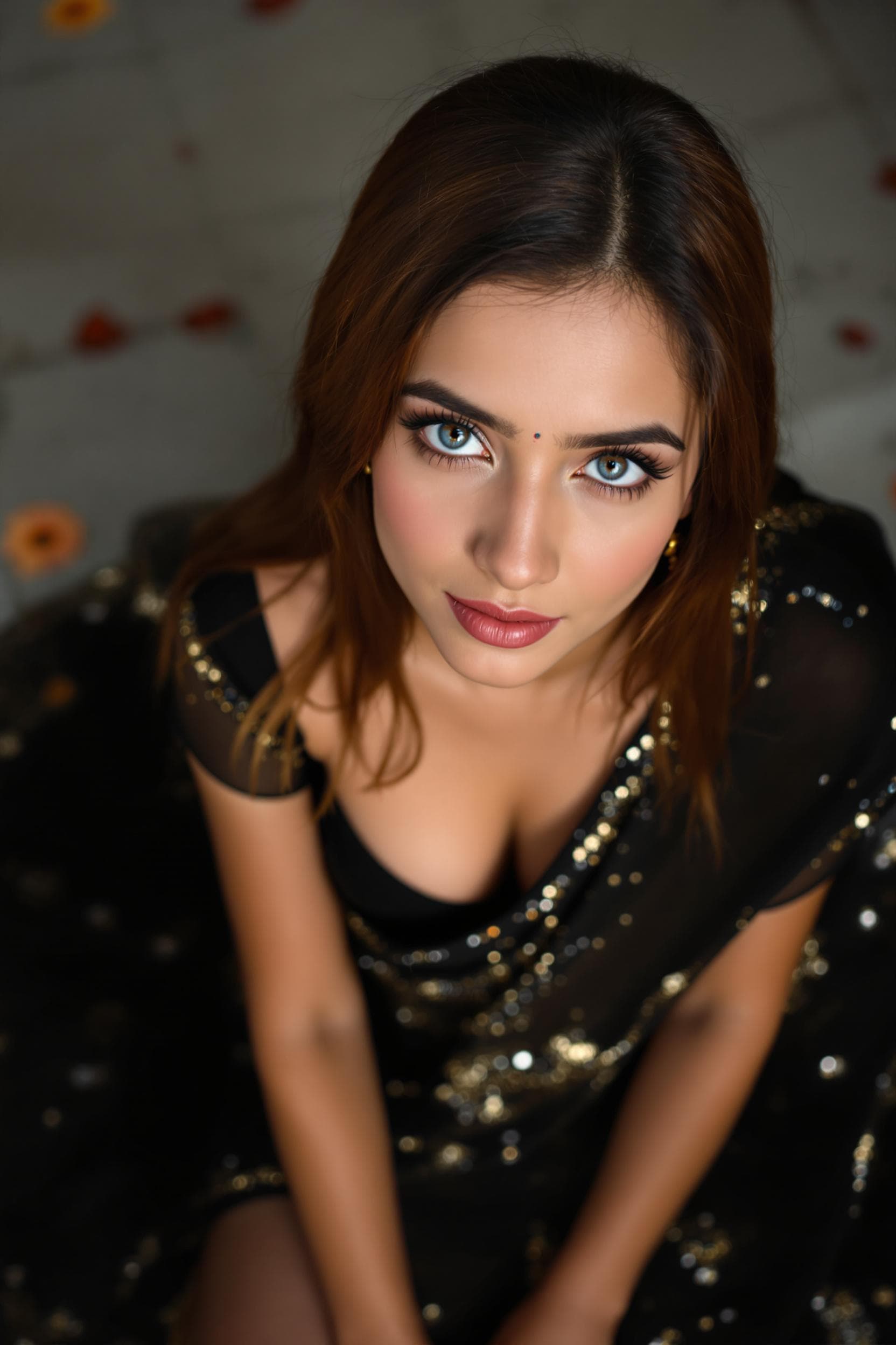 AI generated: Shot from above, 20 years old India lady, [slim lady, slender lady], with big expressive eyes, [blue...
