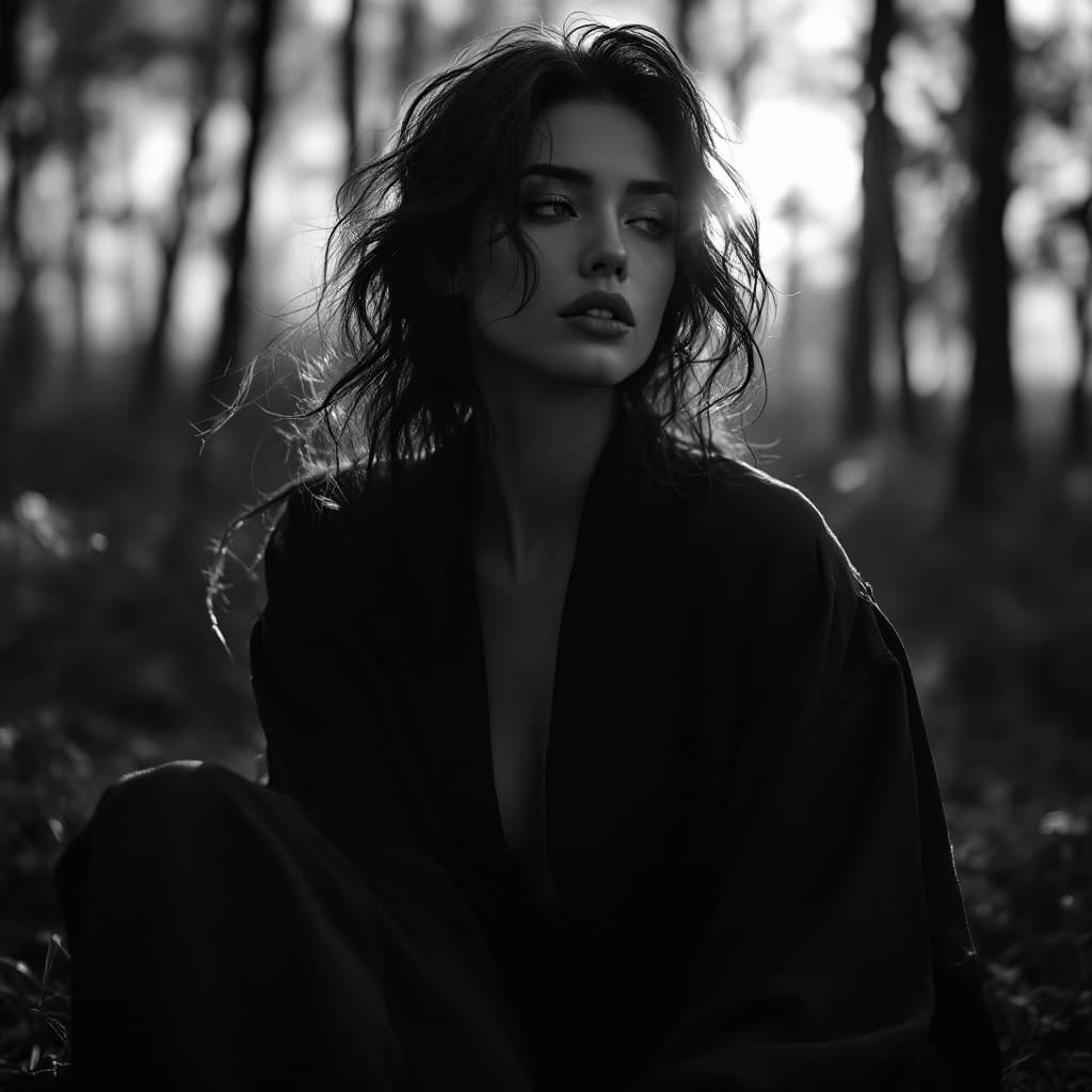 AI generated: black and white photography, fashion editorial, a portrait of beautiful darkhaired woman in nature s...