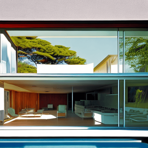 AI generated: Hyper realistic eye level exterior photo of a mid century modern style house overlooking the ocean, ...