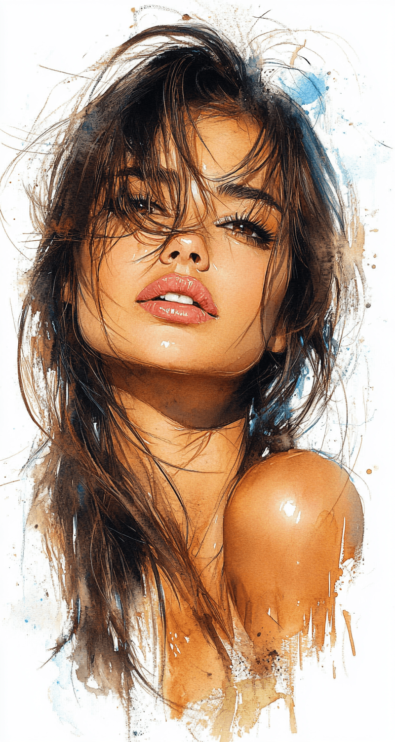 AI generated: a painting of a brown-haired woman, brown eyes, delicate washes, impressionist lightness, crisp and ...