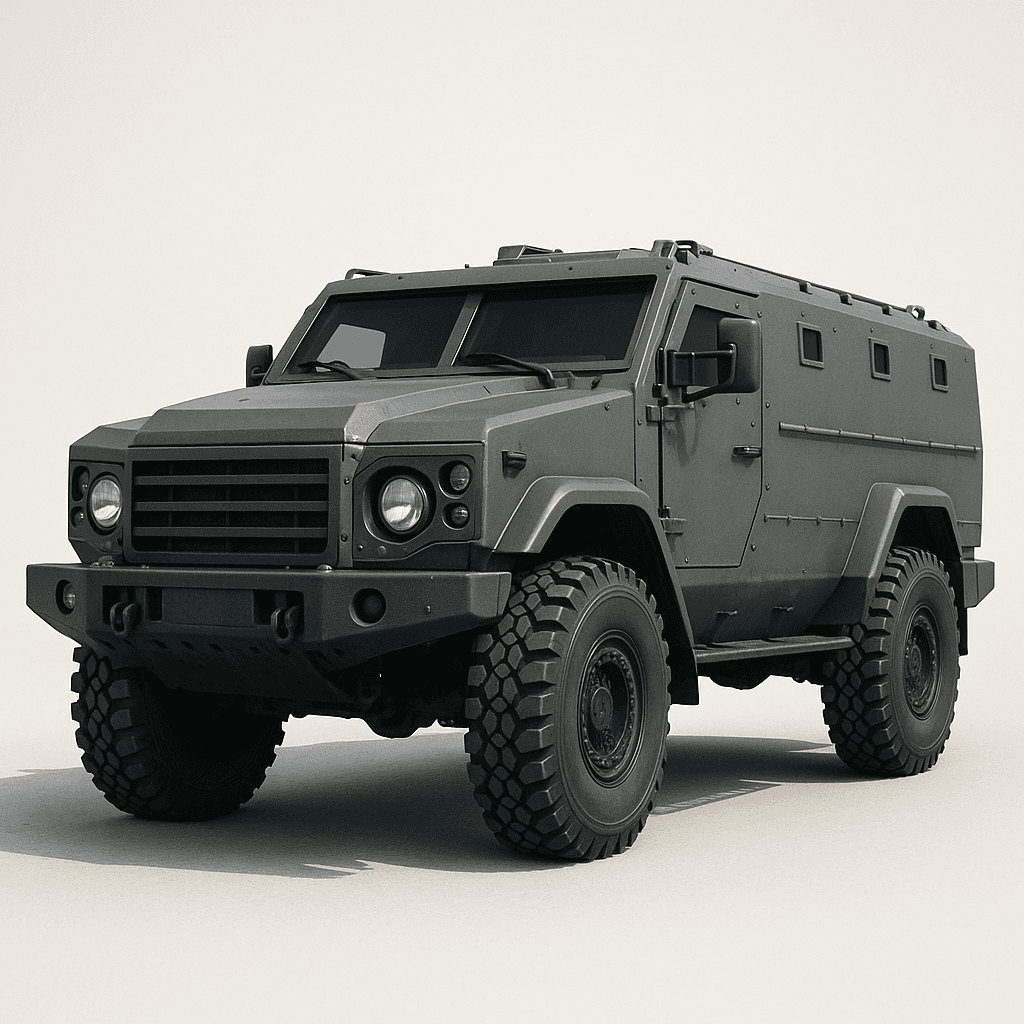 AI generated: A hyper-realistic, matte gray armored personnel carrier with a boxy, angular design. The vehicle has...