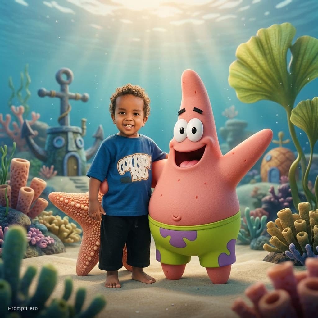 AI generated: Create a high-quality commemorative portrait of a real child (from Image A)
standing closely beside ...