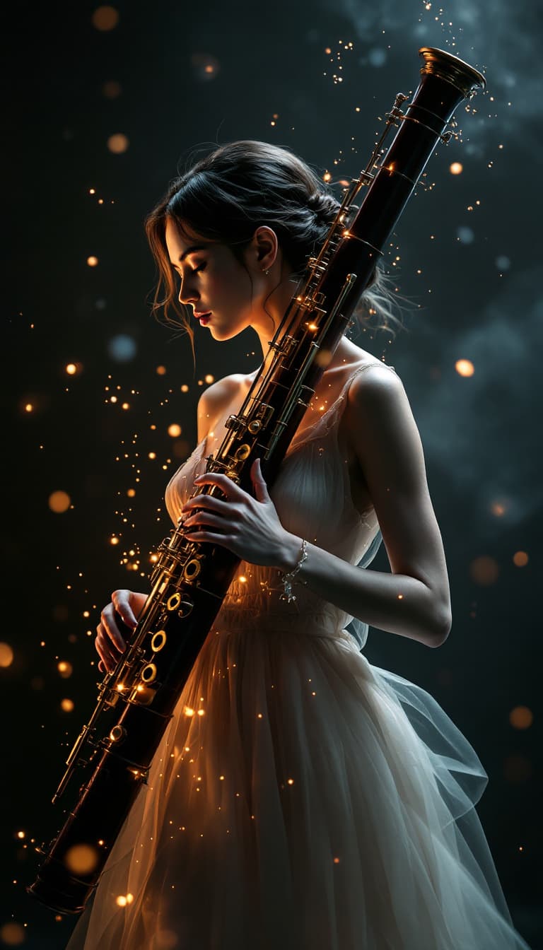 AI generated: An ultra-realistic photograph of a surreal fusion of human and instrument: a female bassoon, photogr...