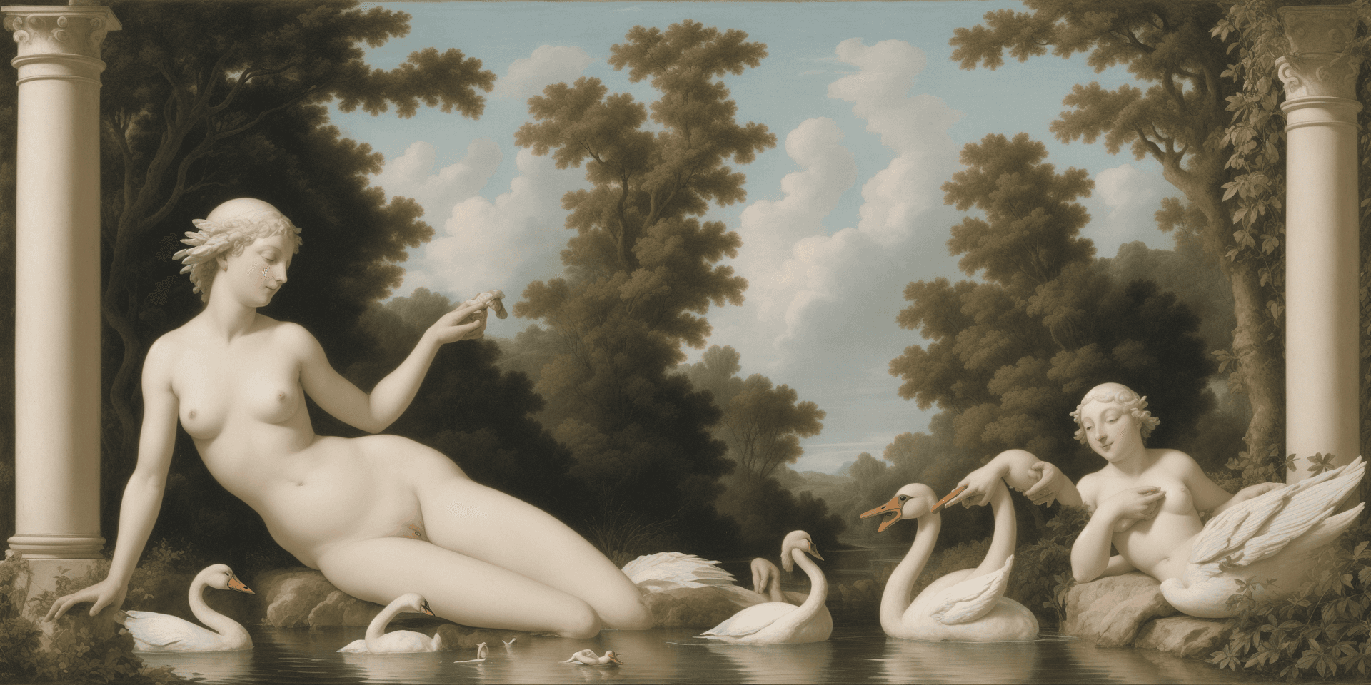 AI generated: Leda and the swan in paradise, voyeur behind bush