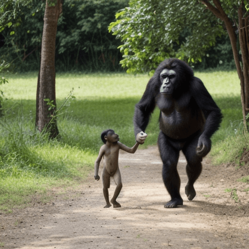 AI generated: The monkey is eating a banana and going towards the house, and there is a gorilla on the right and a...