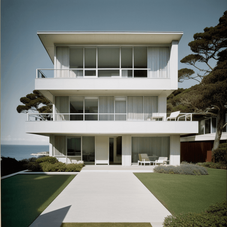 AI generated: Hyper realistic eye level exterior photo of a mid century modern style house overlooking the ocean, ...