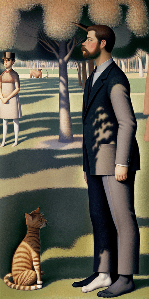 AI generated: Full height Side view Portrait of Seurat standing near a tree and looking at the cat sitting near hi...