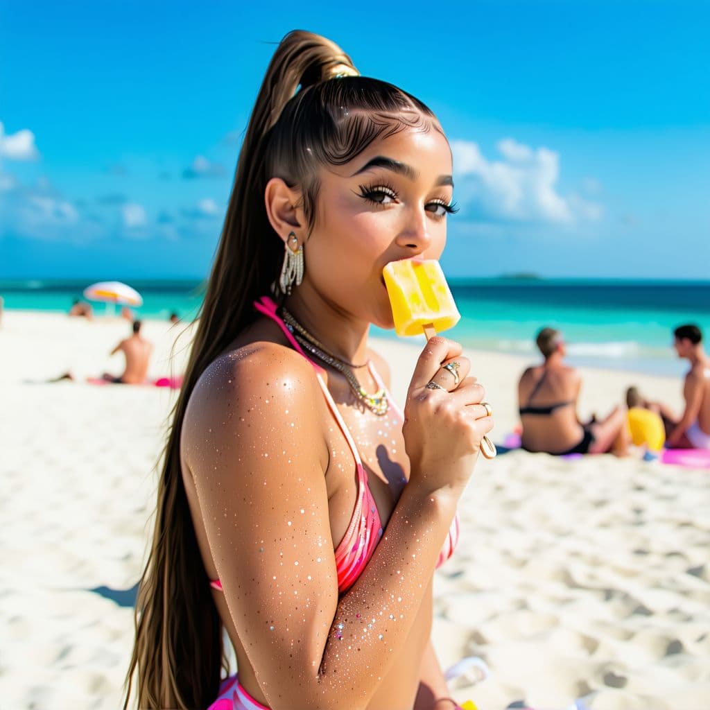 AI generated: Ariana Grande at the beach in a bikini with her skin glistening while sucking on a popsicle 