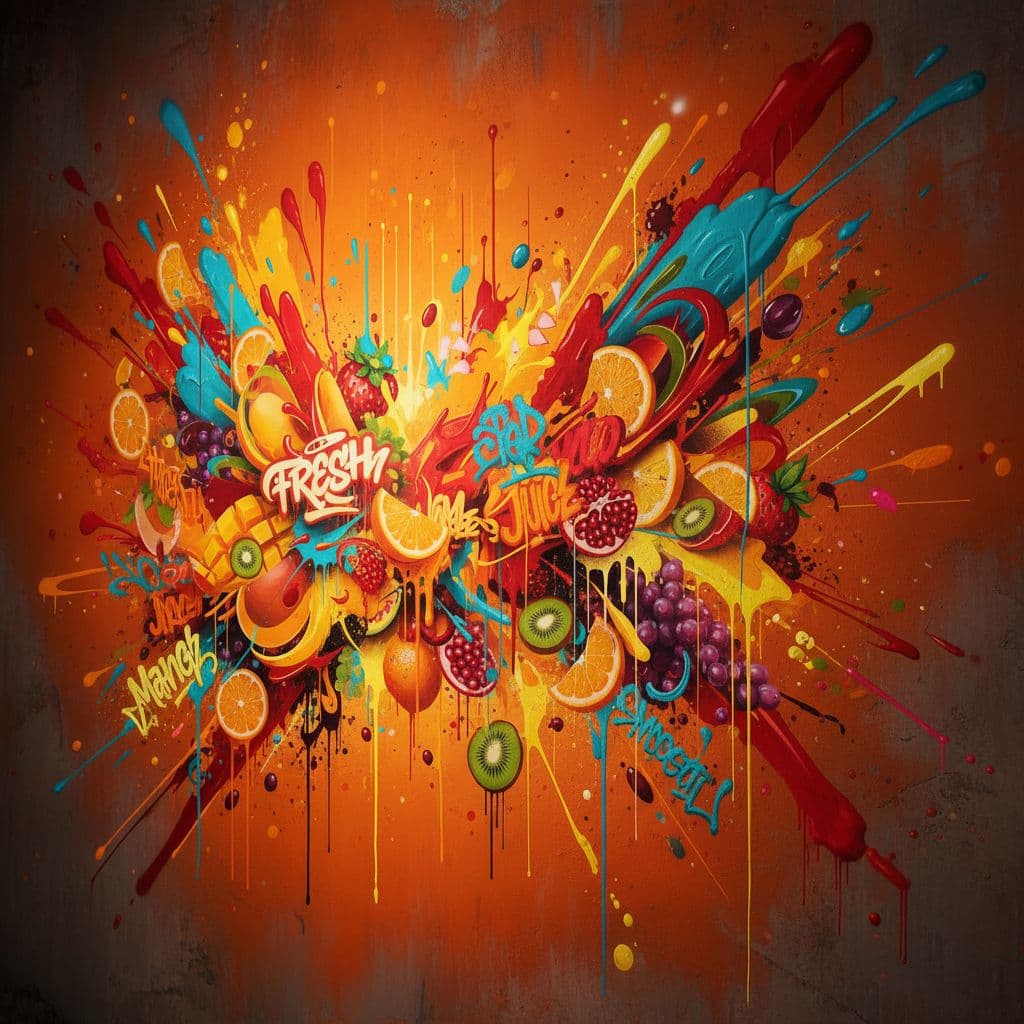AI generated: Conceptual urban fine-art mural representing mixed fruit and juice energy — dominant warm orange bac...