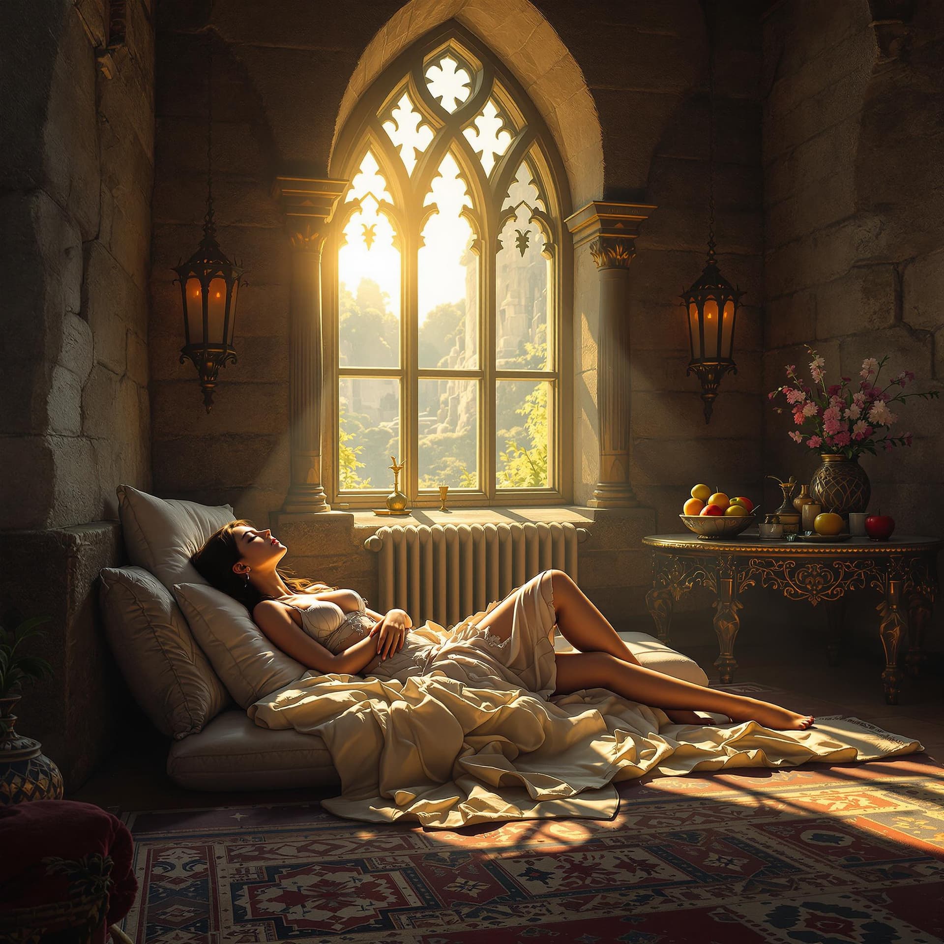 AI generated: A beautiful forlorn maiden rests on a futon in a castle next to a window with sun shining through. T...