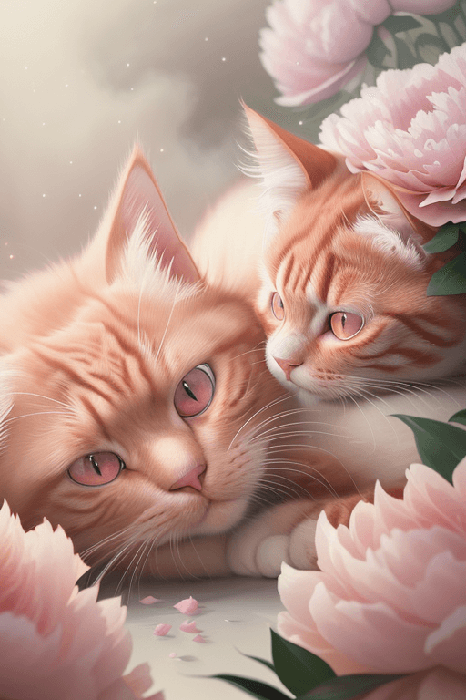 AI generated: photorealism, realistic, red fluffy cat, lying on his back around peonies, the cat's sly look, pixel...