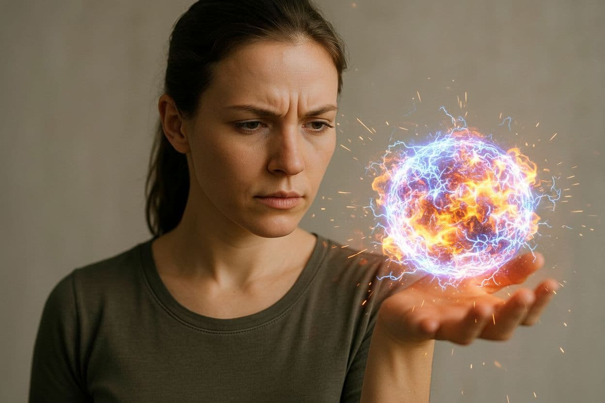 AI generated: Add an energy ball with sparks and fire above the woman’s hand.