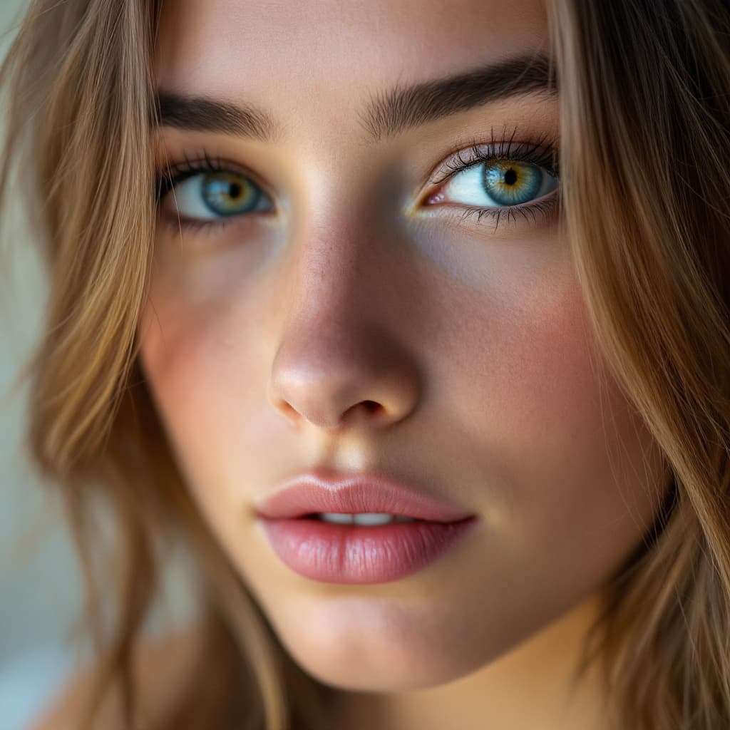 AI generated: Close up portrait of a female, British, 17 years old, fit body, buxom, long brown hair, athletic, 5f...