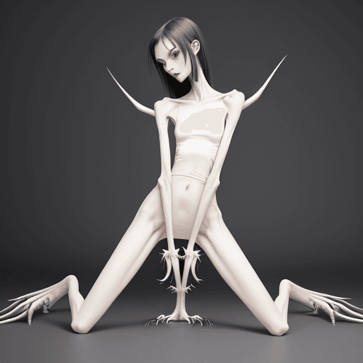 AI generated: extreme skinny slender girl, with long curved claws, skinny legs and long skinny calves in high heel...