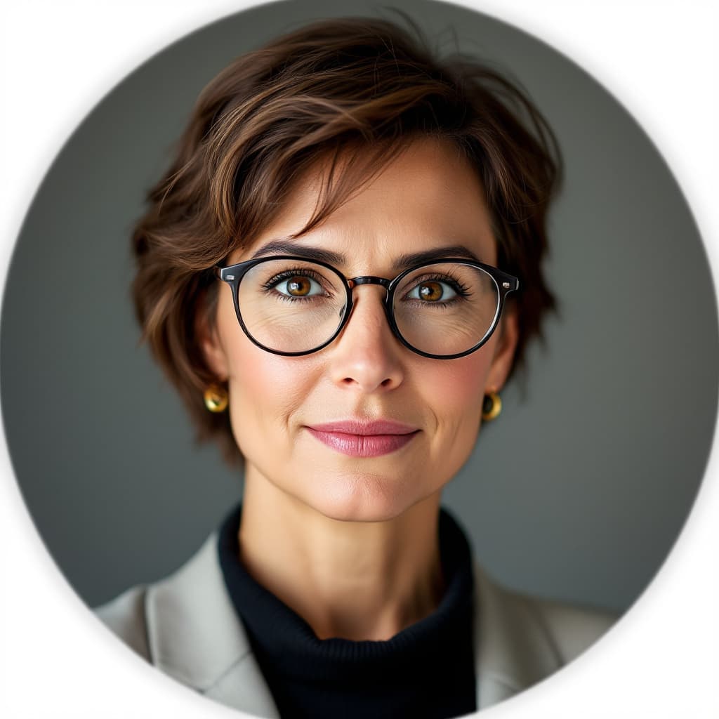 AI generated: realistic, professional looking Mediterranean woman in her late forties, wearing glasses, brown shor...
