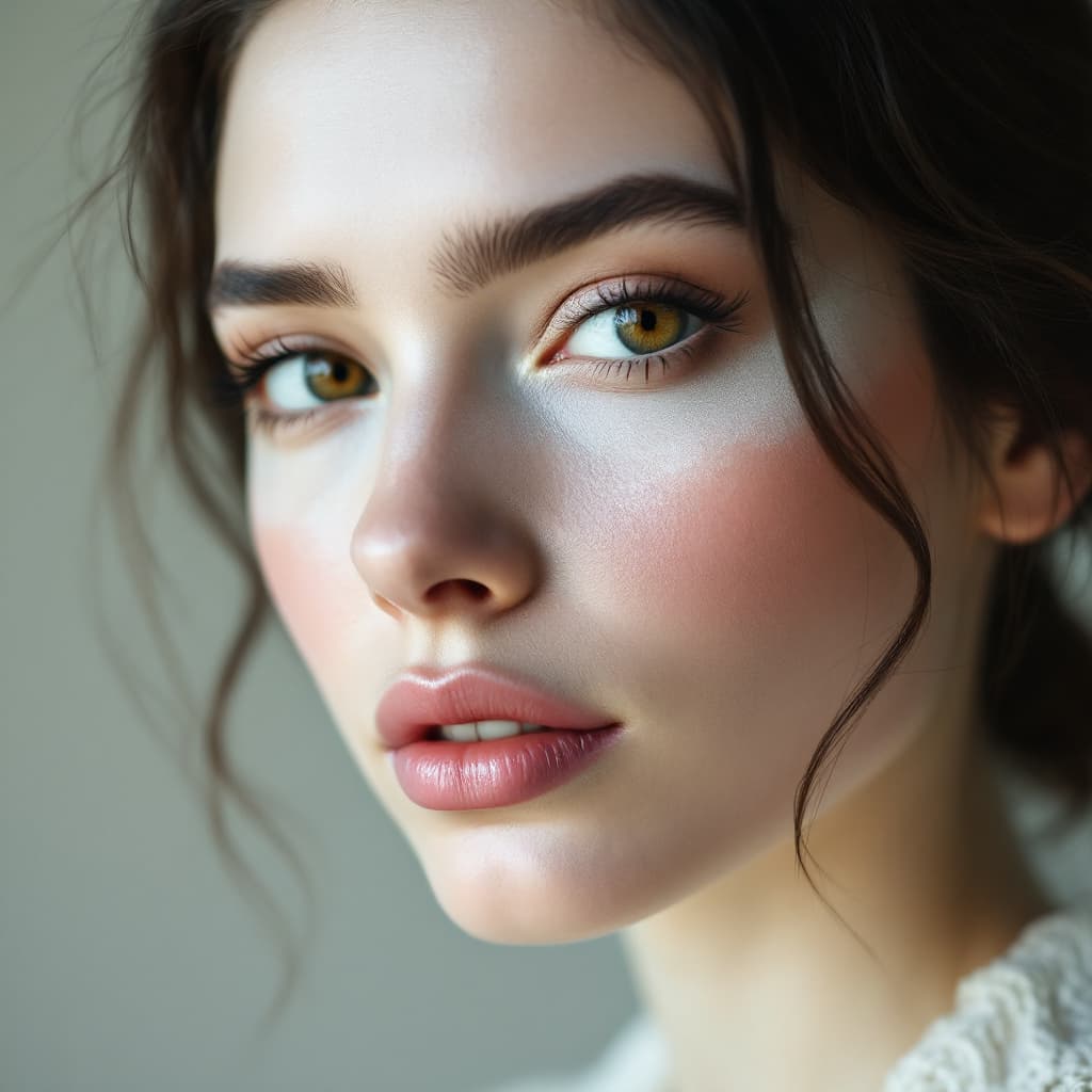 AI generated: A lady's face with negative parts color blending into a pale white