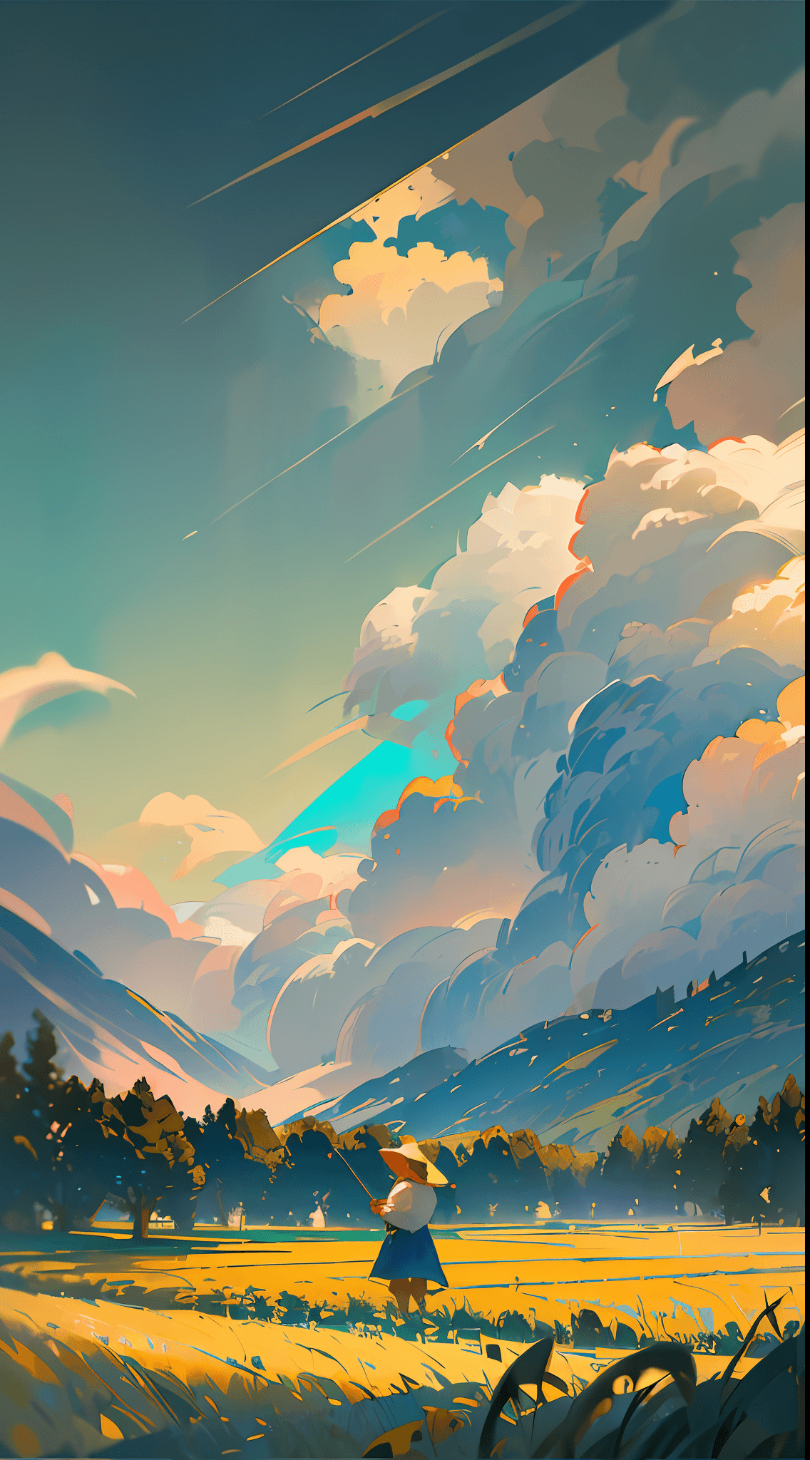 AI generated: A peasant uncle with a straw hat stands in a wheat field, big clouds, blue sky, rice field, neat ric...