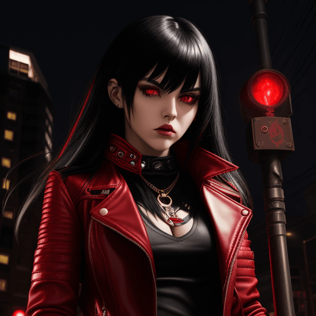 AI generated: emo girl. red leather jacket with black trim. glowing red iris. blak black hair with red highlights....