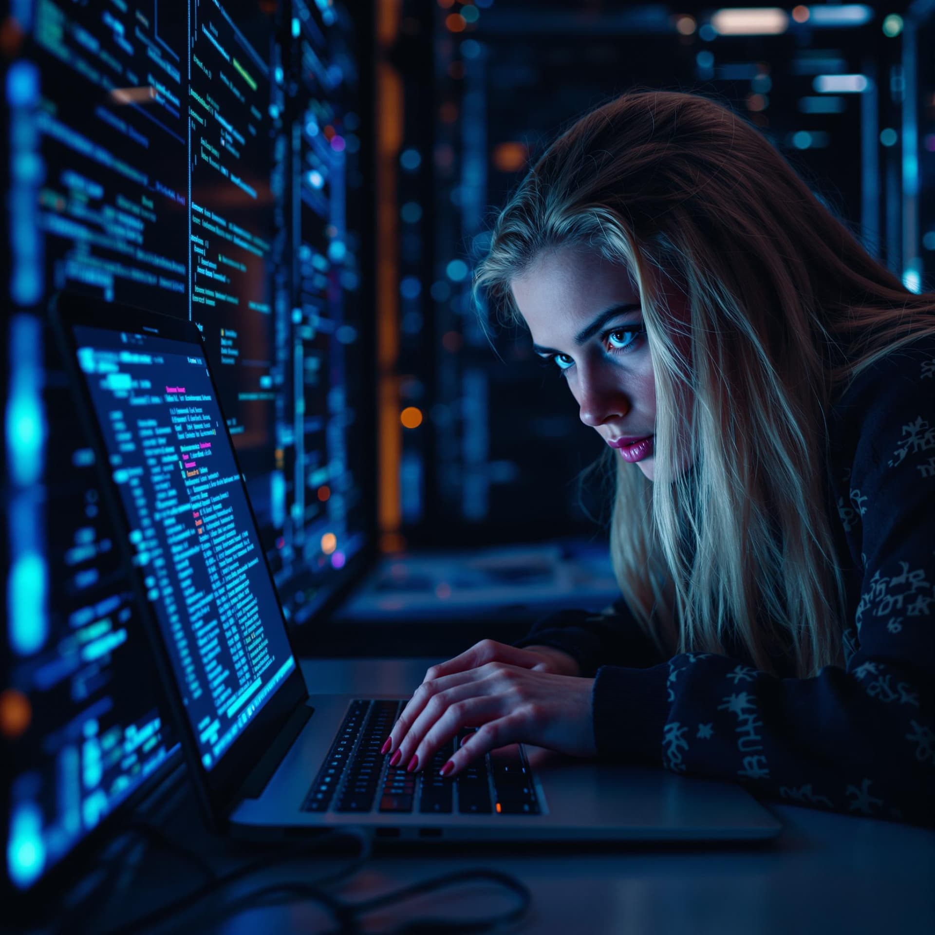 AI generated: A young, blonde, blue eyed hacker using Kali Linux to penetrate an advanced computer system.