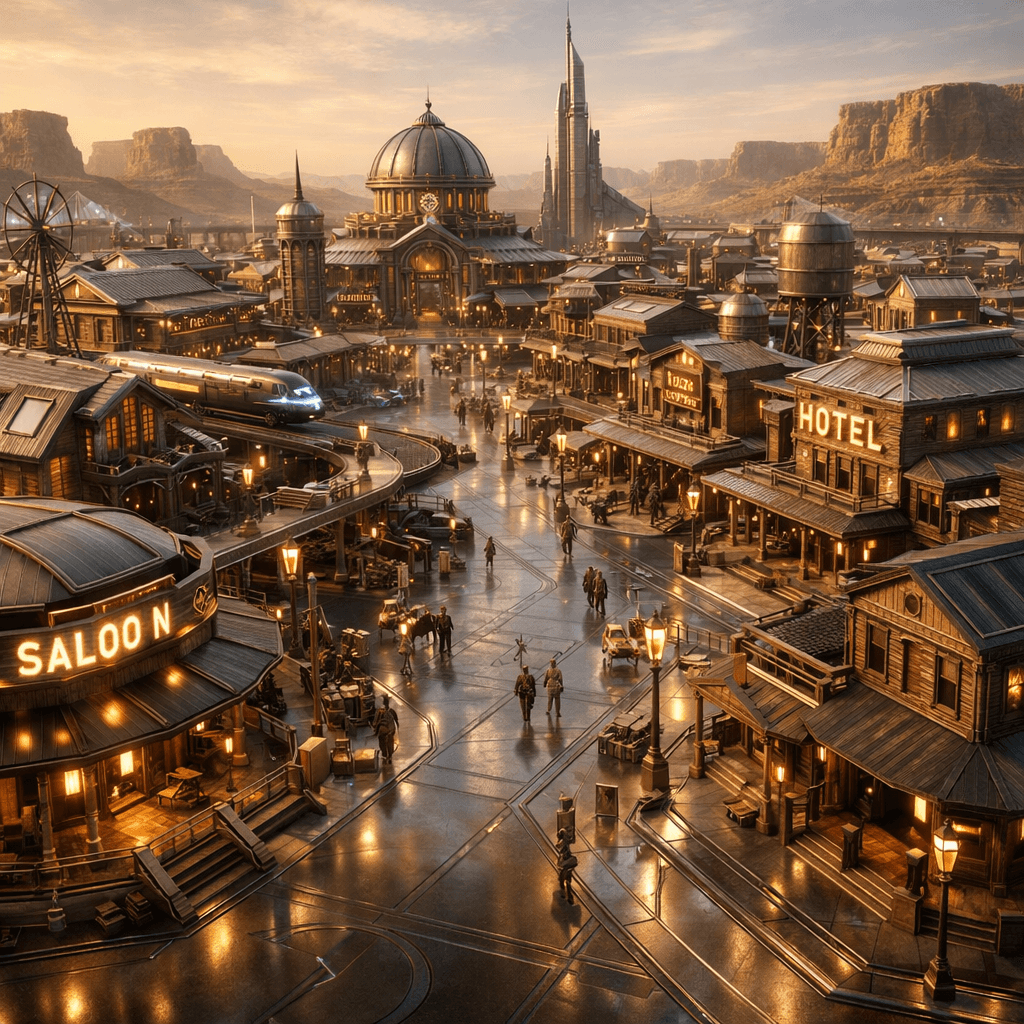 AI generated: Display an aerial view of a sleek, futuristic Old American Western City, a reminder of the rough ter...