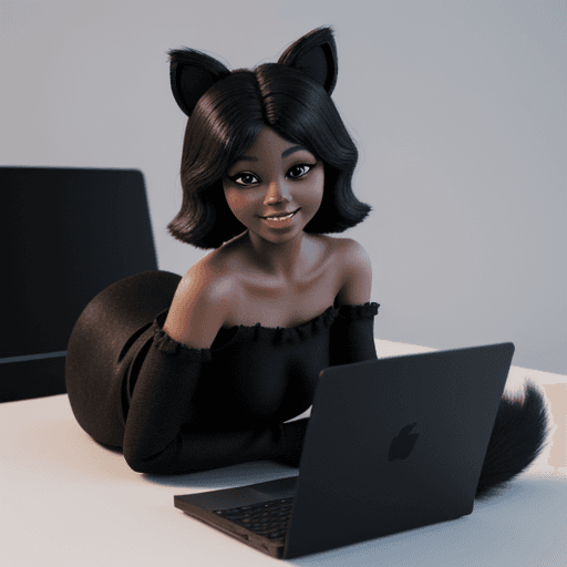 AI generated: black kitten with big eyes, adorable, 3d render, disney style, stuffed animal, typing on a laptop, s...