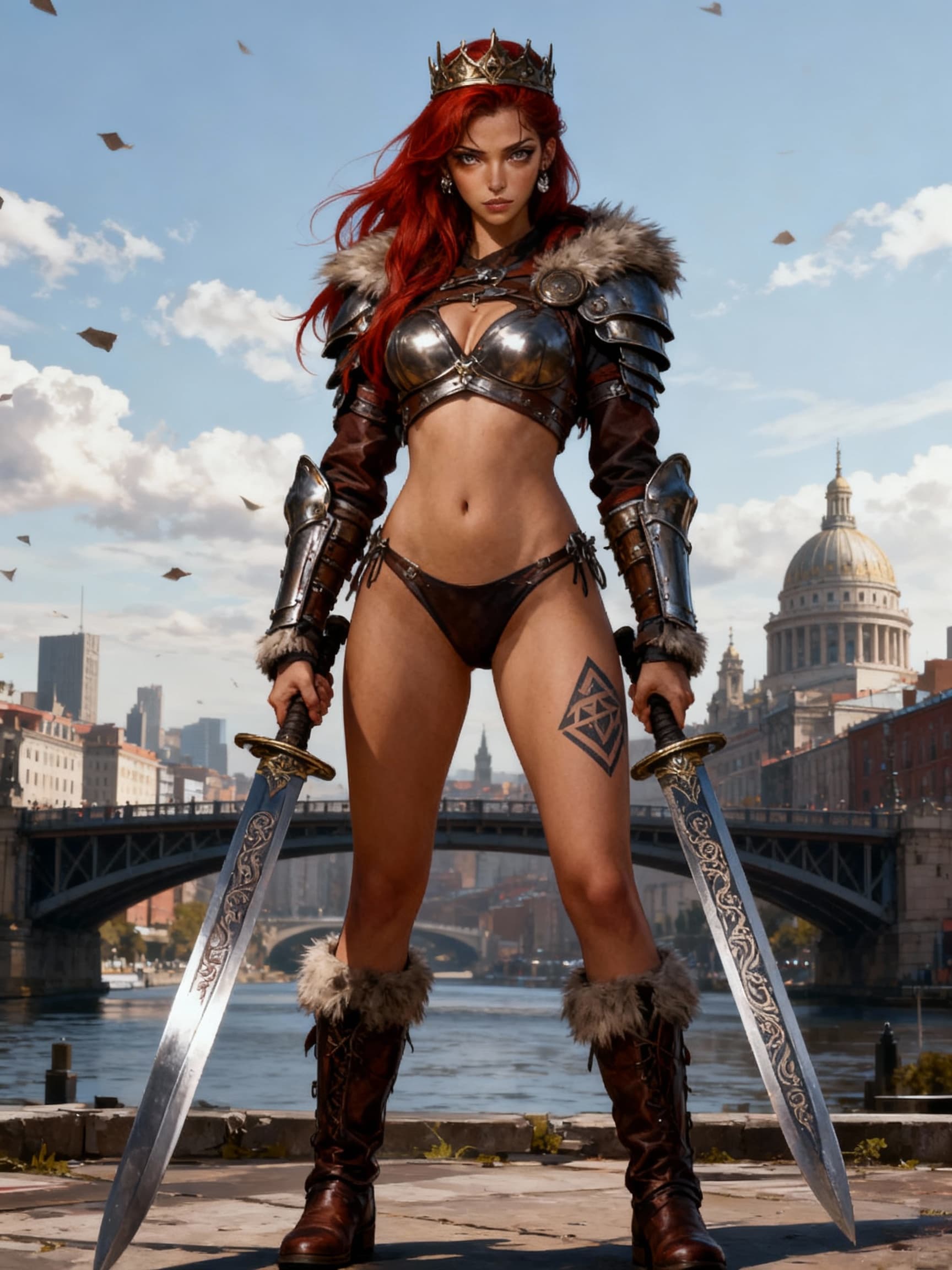 AI generated:  A striking female warrior with long, flowing red hair styled with a headpiece and a prominent geome...