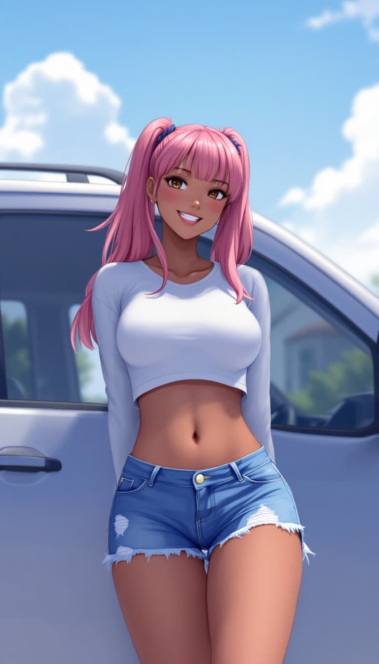 AI generated: 1girl, car, solo, ass_visible_through_thighs, motor_vehicle, smile, twintails, dark_skin, dark-skinn...