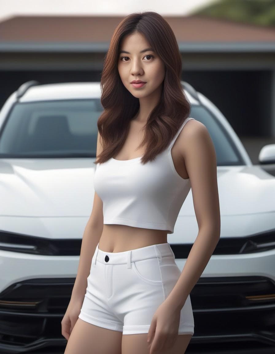 AI generated: a woman in white short shorts poses next to her car, in the style of uncanny valley realism, photore...