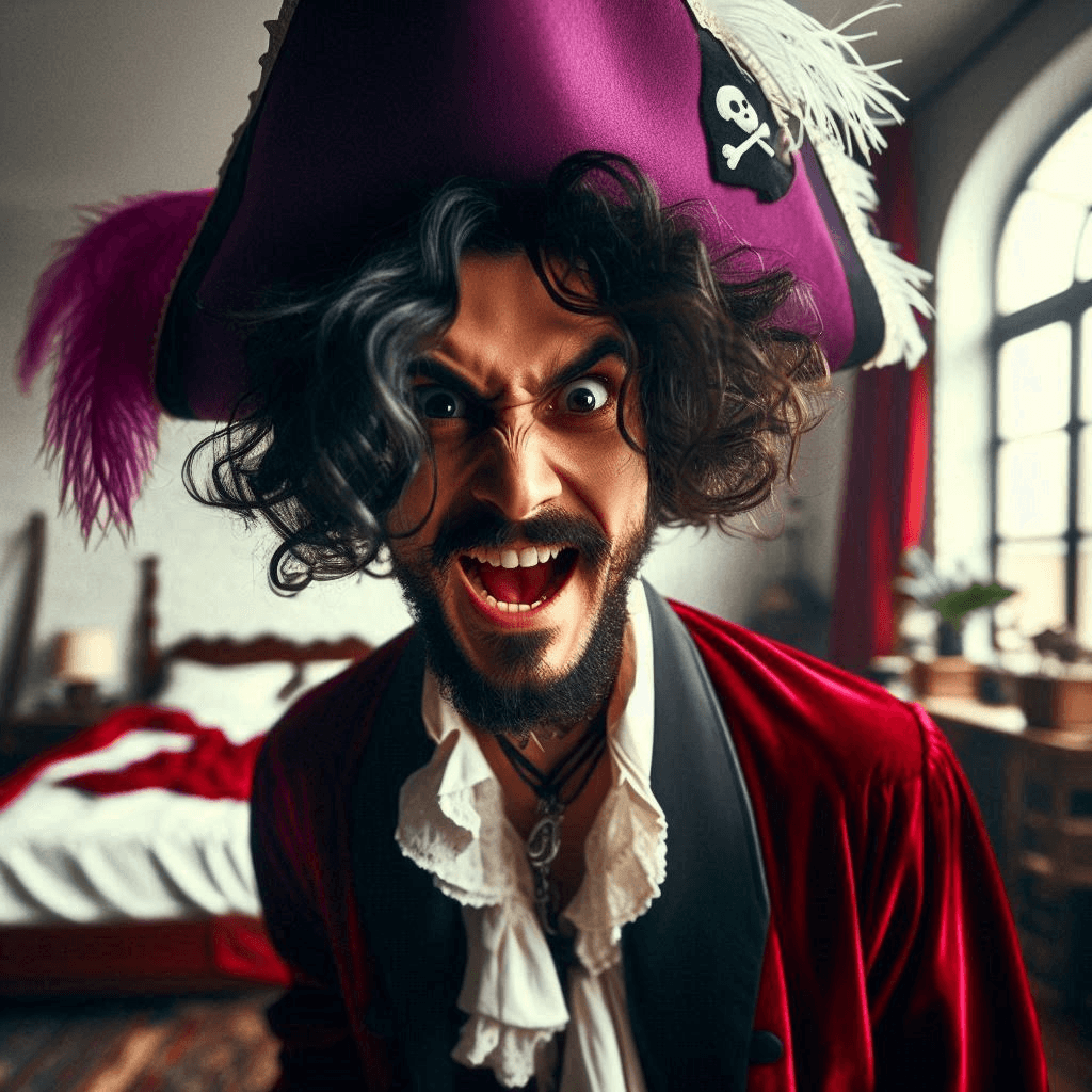 AI generated: Close-up professional cinematic photo of a Spanish pirate with black curly hair in a purple hat with...
