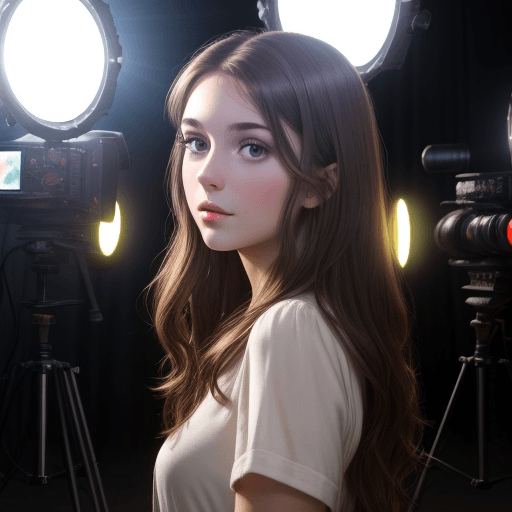 AI generated: young brunette actress on set surrounded by cameras and lights