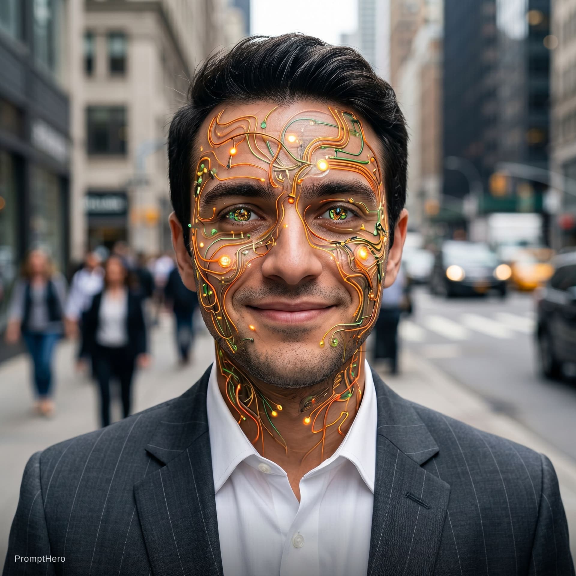 AI generated: 
A hyperrealistic white man walks toward us, facing the camera, along a city sidewalk. Close-up on t...