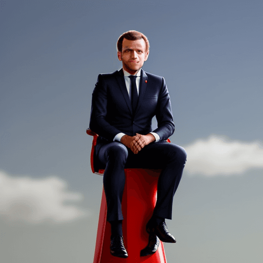 AI generated: French president macron sitting on a rocket, looking fierce and wearing soldier outfit


