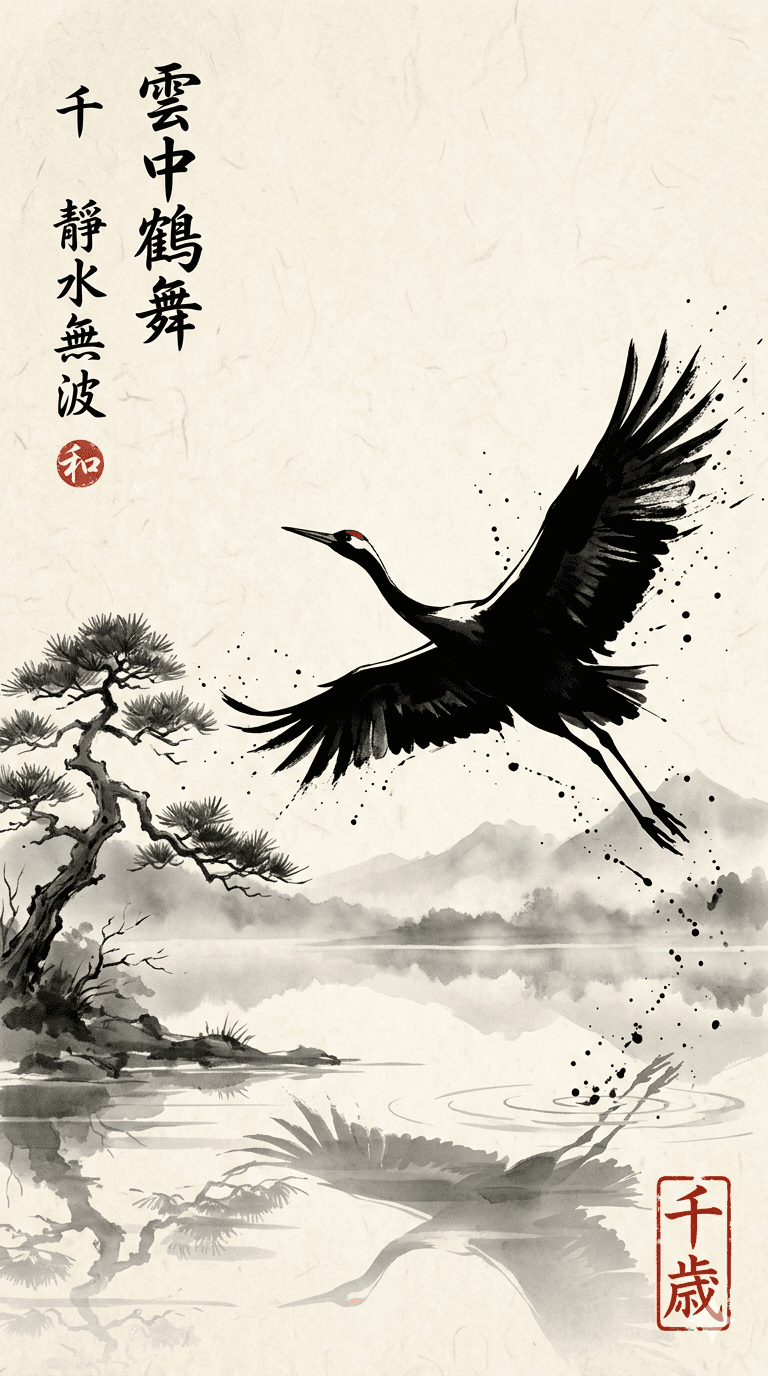 AI generated: Une grue asiatique prend son envol aux abords d'un lac serein, 
 Textures et Simulation des Matériau...