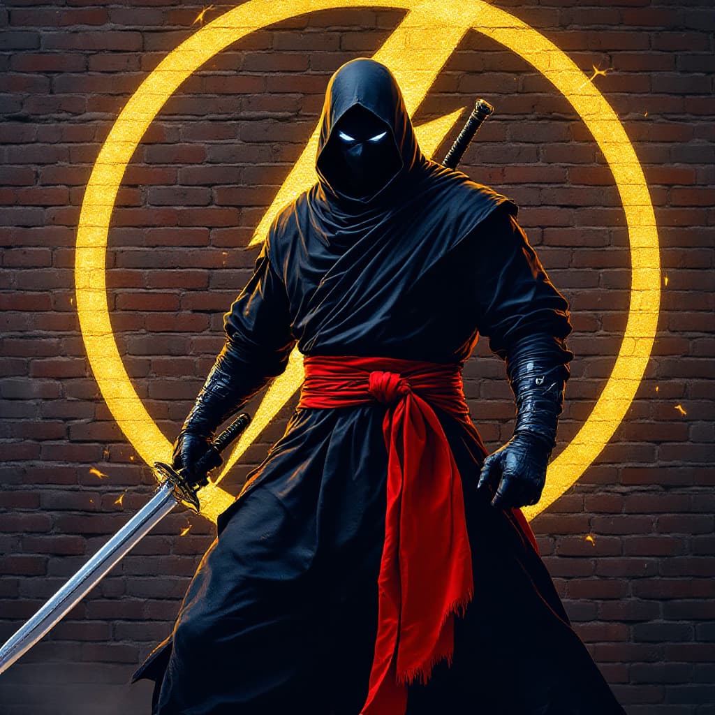 AI generated: hyper real imposing black and blue ninja, reminiscent of Superhero, stands poised with a sleek, silv...