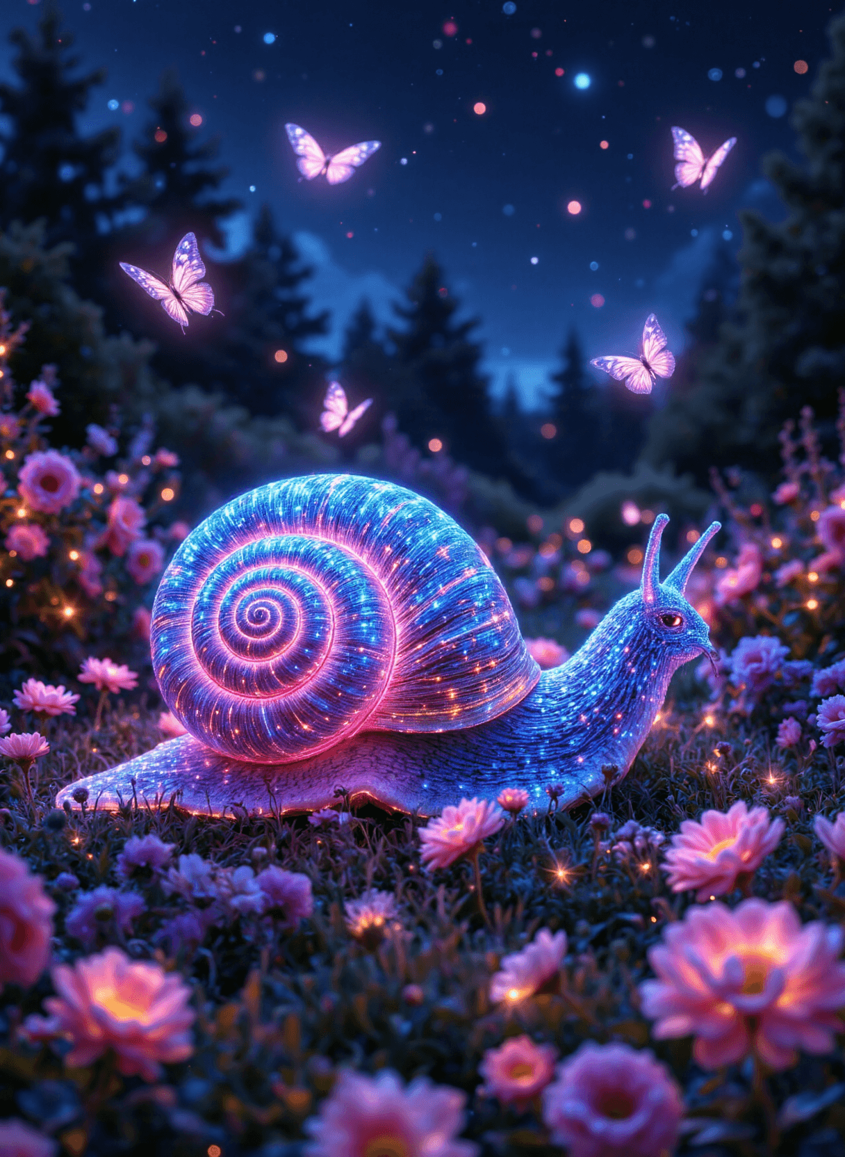 AI generated: The image depicts a whimsical, surreal scene set in a lush, vibrant garden at night. The focal point...