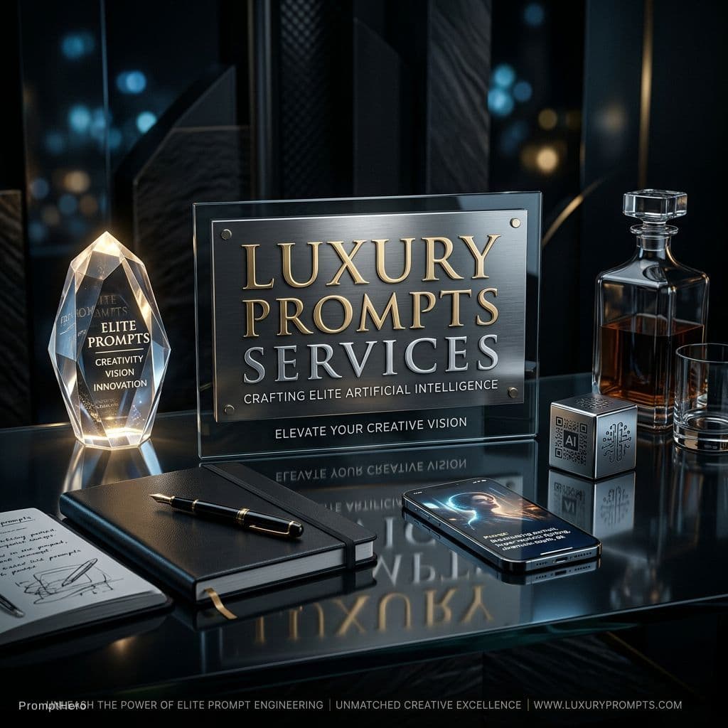 AI generated: Luxury Prompts Services advertising poster, dark background, dramatic lighting, glass reflections, h...