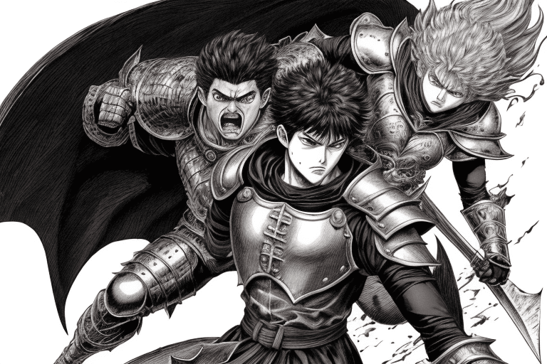 AI generated: monochrome, a man with big eyes, brown hair with tuft, in golden armor, manga, ((without helmet)), b...