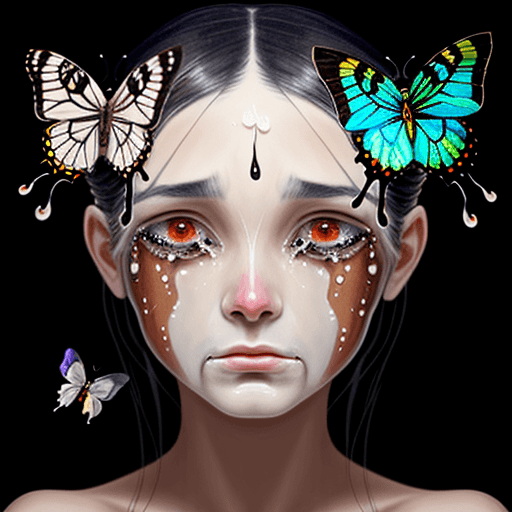 AI generated: a painting of a face with tears transforming into butterflies.