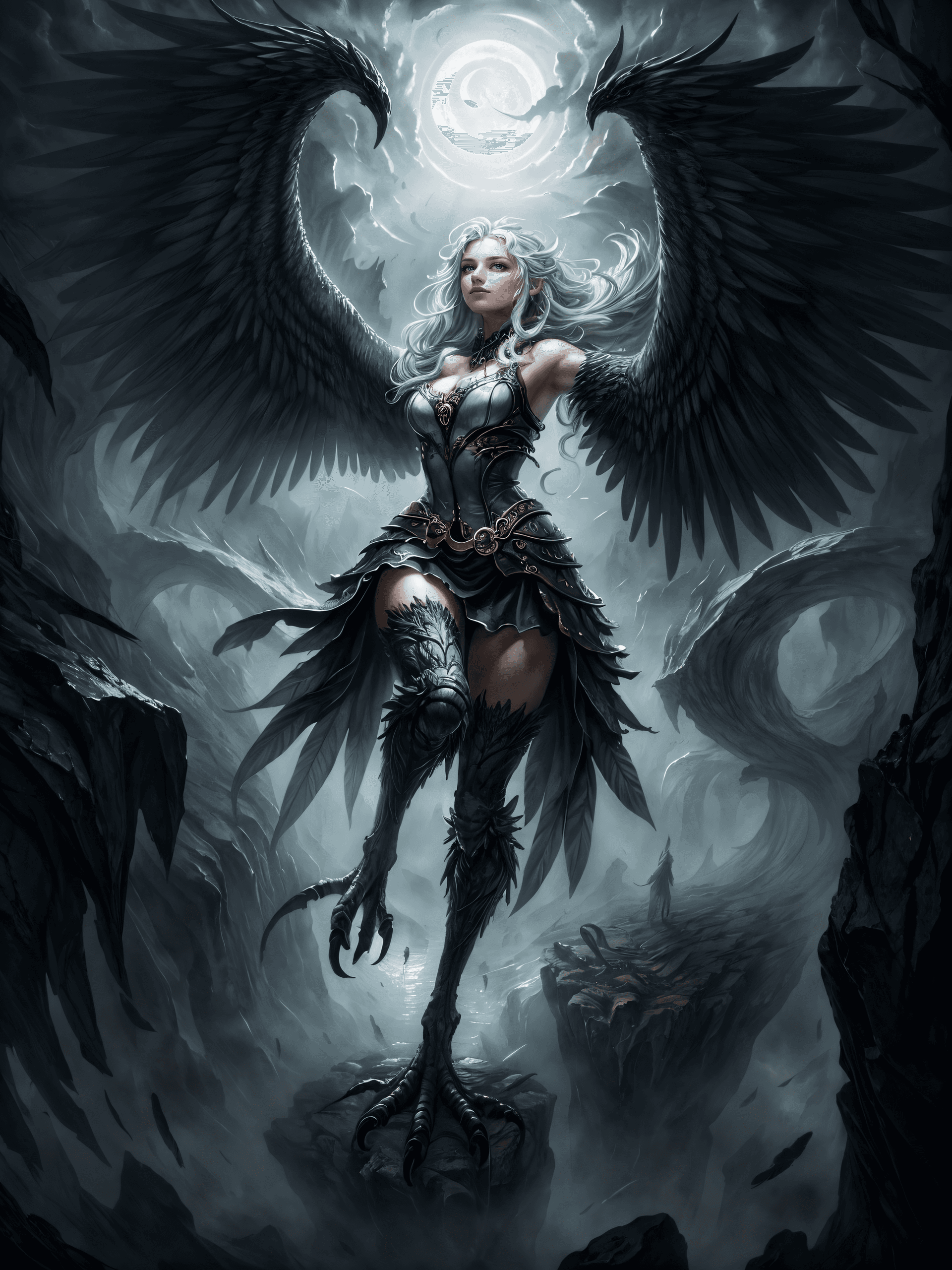 AI generated: (Masterpiece, Award winning, Highest Quality:1.2) , Illustration of a (Harpy:1.2) , solo, bird wings...