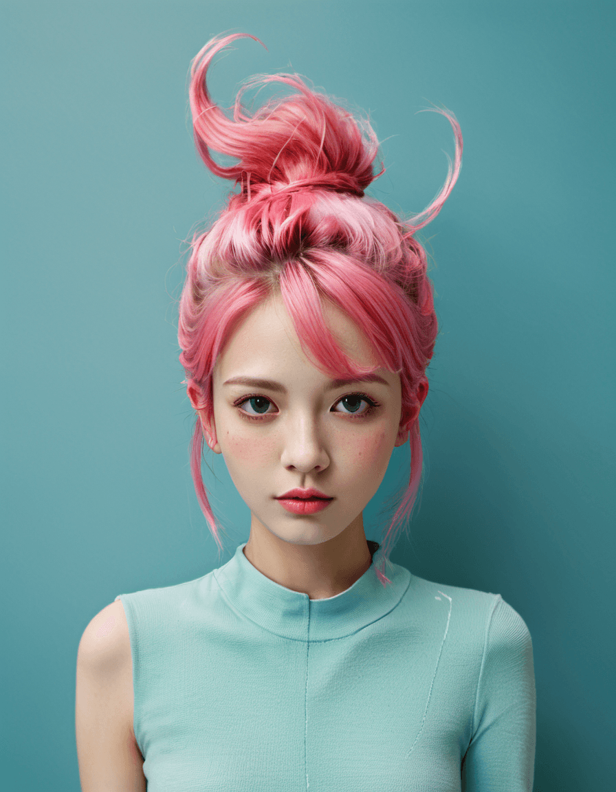 AI generated: Girl with vibrant pink hair. The illustration should be executed in the distinctive Flat shading sty...